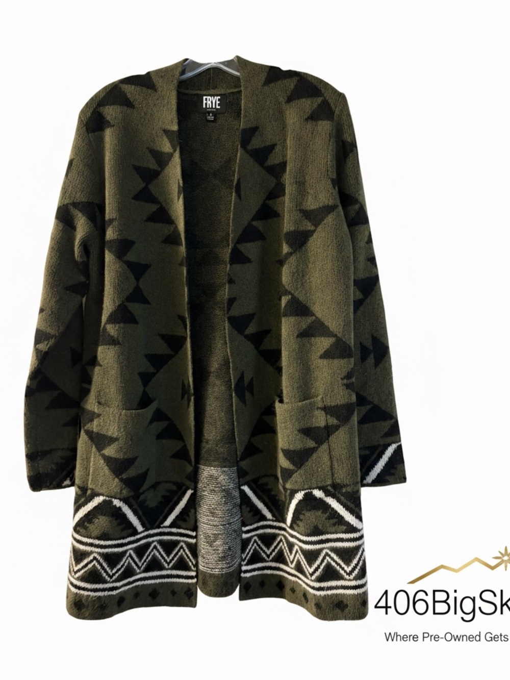 FRYE Olive Green and Black Geometric Open-Front Cardigan